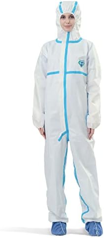 Medtecs Hazmat Suits - 6 Sizes Options (1 PC) - with Sealed Tape - AAMI Level 4 Disposable Coverall PPE Suit for Biohazard Chemical Protection - CoverU Full Body Protective Clothing with Hood | L