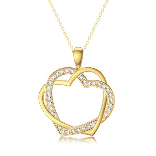 14K Real Gold Heart Necklace for Women Yellow Gold Interlocking Double Hearts Pendant Jewelry Birthday Anniversary Mothers Day Gifts for Mom Her Girlfriend Wife Sister