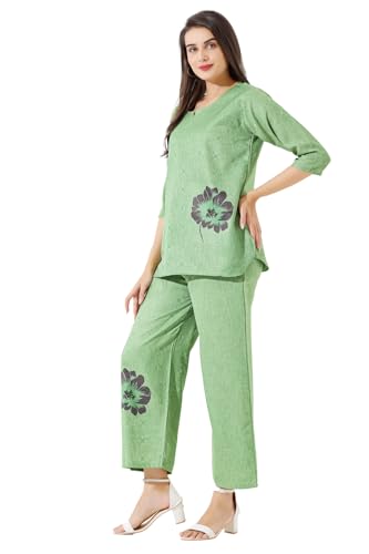 Image of Linen Printed Night Wear Top and Bottom Night Suit Set | Summer Outfit | Co-ord Set for Women | Shirt & Pajama | Night Suit Dress for Women