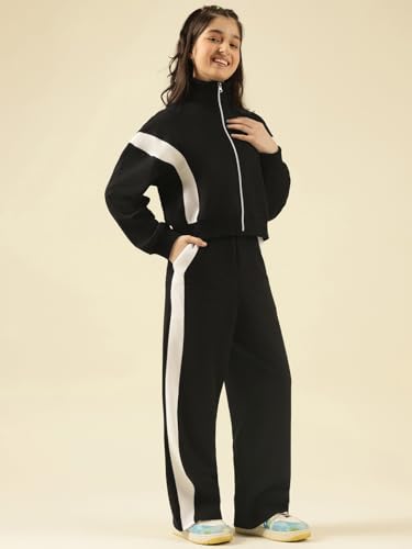 Image of Li'l Tomatoes Girls Solid Fleece Winter Track Suit | Zip-Up High Neck Jacket & Wide-Leg Track Pants | Casual Co-Ord Set | 9-16 Years