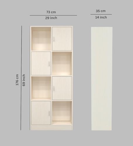 Image of SPECIALITY PANELS 8 Door Bookshelf with 4 Shutters and 4 Open Compartments, Light Wood Finish, 69x29x14 Inch Storage Unit