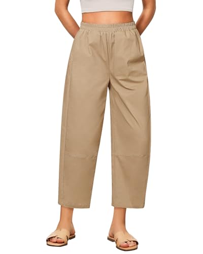 GRAPENT Ladies Pants High Waisted Elastic Trouser Pull On Short Wide Leg Ladies Casual Pants Color Almond XX-Large Size 20 to 22