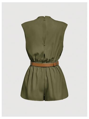 Image of SOLY HUX Women's Summer Ruched Mock Neck Romper Elegant Cap Sleeve Belted Work Short Jumpsuits