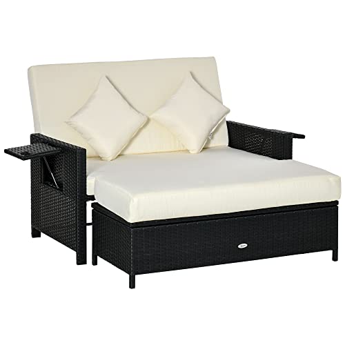 Conjunto de muebles de jardín Outsunny 2 plazas: sofá con respaldo reclinable, estantes integrados, colchoneta y cojines + reposapiés de resina tejida de poliéster negro crema