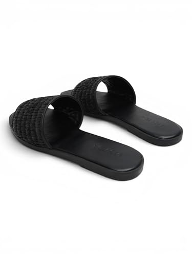 Image of MOVIDA Women's Woven Wide Strap Flat Slide Sandals | Square Toe Slip-On Flats | Stylish Casual Everyday Footwear