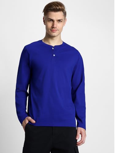 Image of Veirdo Pure Cotton Regular Fit Henley Neck Plain Solid Full Sleeve T-Shirt for Men & Boys (Color Options: Black, Red, Swanwhite, Navy Blue, White, Cork, Green, Maroon, Mustard, Royal Blue)