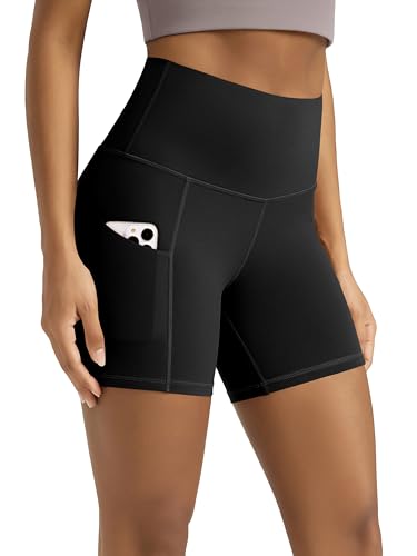 ODODOS 5' Tummy Control Biker Shorts for Women with Pockets High Waist Athletic Workout Yoga Shorts, Black, Large