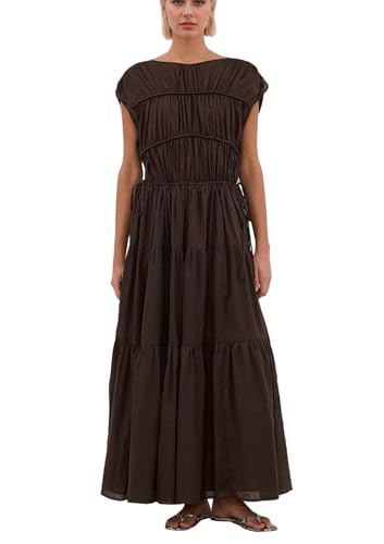 Women Pleated Ruched Tiered Maxi Dress Sleeveless Patchwork Ruffle Hem A Line Flowy Summer Elegant Long Dress