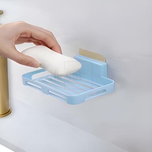 Image of Self Adhesive Soap Holder for Bathroom Wall | Plastic Soap Stand with Drain Tray | Wall Mounted Soap Dish | No Drilling Bathroom Soap Holder (02 Blue Rectangular)