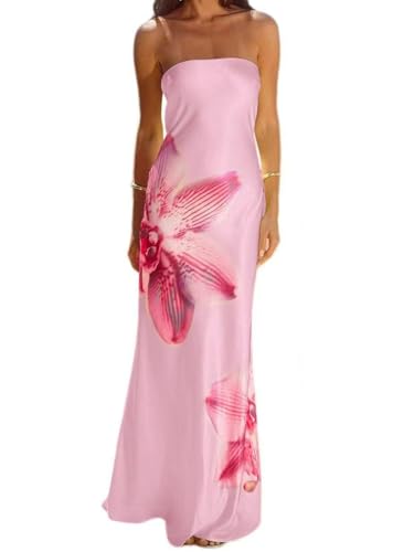 Image of Women Y2k Strapless Maxi Dress Floral Print Tube Long Dress Boho Beach Sundress Going Out Streetwear