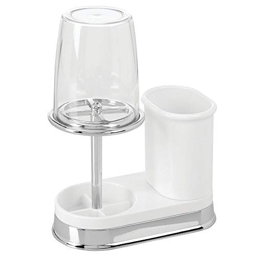 Mdesign Plastic Toothpaste And Toothbrush Holder Center With Cup/Cover - Organizer For Bathroom Vanity Countertop - Holds Paste, Floss, Accessories - Hyde Collection - White/Chrome #TOP6