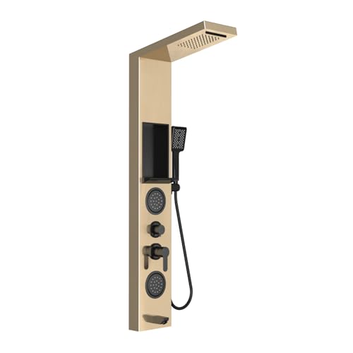 ELLO&ALLO Shower Panel System Tower with Shelf, Rainfall and Waterfall Head Rain Massage Stainless Steel Bathroom Fixtures with Adjustable Body Jets, Gold&Black