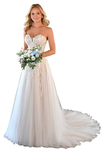 Lace Applique Tulle Wedding Dresses Long Strapless A Line Backless Bridal Dresses for Bride with Train
