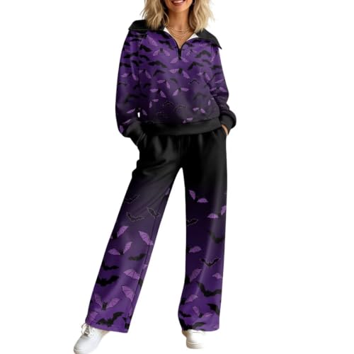 Nuinaserg Halloween Bat Womens 2 Piece Sweatsuit Sets 1/4 Zip Lounge Sets