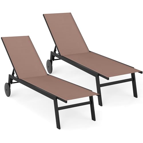 COSTWAY 2er Set Sonnenliege mit Rollen, Gartenliege mit Verstellbarer Rückenlehne und schnelltrocknendem Stoff, Rollliege bis 150kg belastbar, Liegestuhl für Garten, Balkon, Terrasse (Braun)