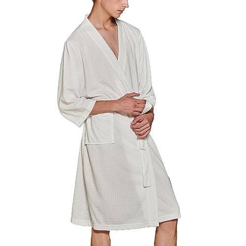 Lu's Chic Men's Waffle Robe Kimono Bathrobe Short Knee Length Lightweight Light Pockets