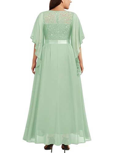 Image of Miusol Women's Plus Size Sequin Lace with Ruffle Cape Cloak Sleeves Elegant Evening Gown Wedding Guest Maxi Dress