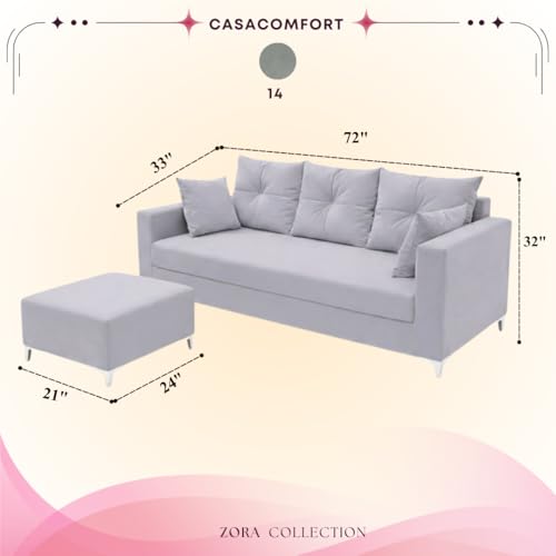 Image of Zora 4 Seater L Shape Sofa Set with Movable Ottomans | Flexible Layout | Rich Velvet Suede Fabric | Silver Legs | Dual Tone Modern Sofa for Living Room (Light Grey)