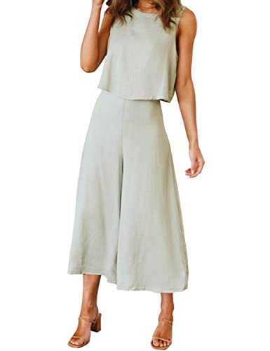 Roylamp Women's Summer 2 Piece Outfits Round Neck Crop Basic Top Cropped Wide Leg Pants Set Jumpsuits Light Green S #TOP1