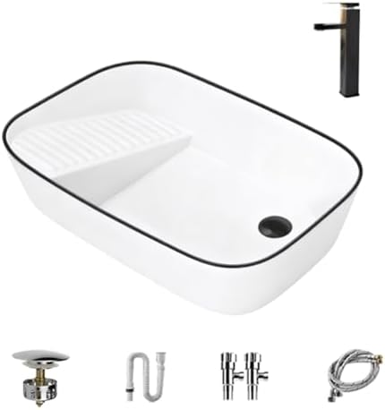 White Ceramic Laundry Sink with Washboard, Above Counter Bathroom Sink Set with Faucet, Drain Pipe & Drainer - Ideal for Balconies & Laundry Rooms (60x38x16cm)