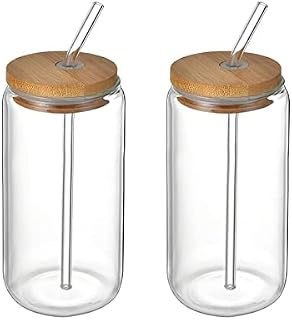 XHONG 2 Pack Beer Can Glass, Can Shaped Glasses,Tumbler Beer Glasses ,Iced Coffee Glasses with Bamboo Lids and Glass Straw ,Suitable for Juice, Beer, soda, iced Drinks and Cocktails, Transparent