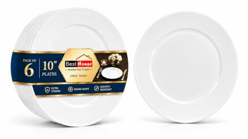 BH | 6 Pcs Opalware Dinner Plates | 10"/25.5cm Round White Side Plates | Elegant Dinnerware for Cake, Snacks, Starters | Microwave, Oven, Dishwasher Safe for Everyday & Party Use - by Best House