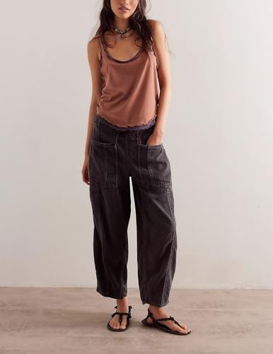 chouyatou Women's Y2k Baggy Barrel Jeans Drawstring Waist Boyfriend Wide Leg Loose Capri Denim Pants with Pockets2