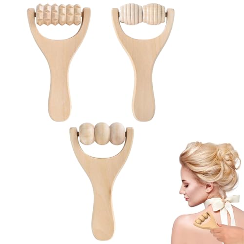 BOBOZHONG 3 Piezas Rodillo de Masaje de Madera para Espalda y Músculos – Masajeador Manual Portátil para Piernas, Brazos, Glúteos y Abdomen, Alivia Tensiones, Mejora Circulación y Reduce Celulitis