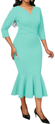 Image of Elegant Dress for Women Sexy V Neck Long Sleeve Bodycon Midi Fishtail Dresses