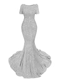 Glitter Sequin Prom Dresses Long for Women 2026 Plus Size Mermaid Short Sleeve Open Back Evening Party Ball Gowns Silver 20