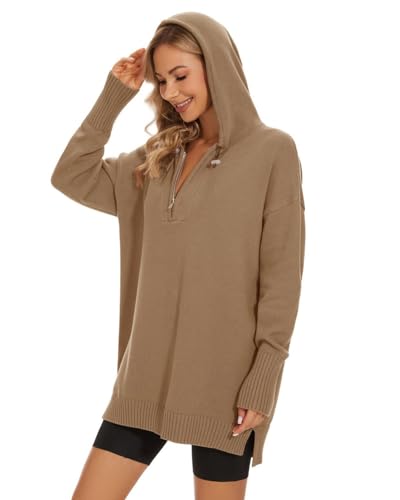 Image of Women's Hooded Sweater Loose Half Zip Drawstring Pullover Sweatshirt Top Casual Long Sleeve Side Slit Knit Hoodie