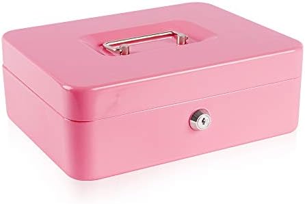 KYODOLED Large Metal Cash Box with Money Tray and Lock,Money Box with Cash Tray,Cash Drawer,9.84"x 7.87"x 3.54" Pink Large