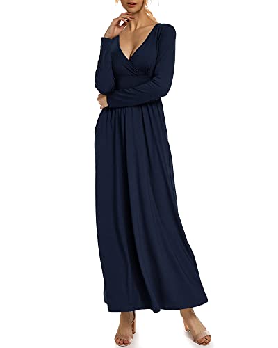 Jacansi Women's Cotton Long Sleeve Dress Casual Plain Home Maxi Dress With Pockets(02- Navy,Xxl) #TOP2