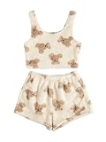 SHENHE Women's Fuzzy Pajamas Bear Print Puffy Tank and Shorts 2 Piece Cute Pajama Set Beige M