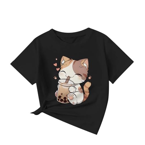Image of KEEVICI Cute Cat Shirts for Girls Graphic Tees Bubble Tea Tshirt Kids Kawaii Cartoon Animal Print T Shirt Summer Cotton Tops