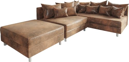 DELIFE Eckcouch Clovis Braun Antik Optik mit Hocker Ottomane Rechts Ecksofa Modular