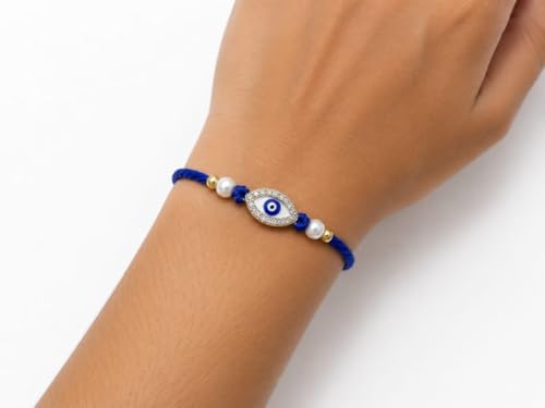 Image of OZANA Premium Evil Eye Rakhi for Brother | Blue Nazar Protection Rakhi with Crystal Studded Eye Charm, Pearl Beads & Adjustable Thread