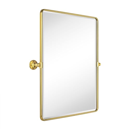 Image of Farmhouse Pivot Rectangle Bathroom Mirror Brushed Gold Metal Framed Tilting Beveled Vanity Mirrors for Wall, Overall 27.91x 30 inches (Mirrror 24 x 30 inches)