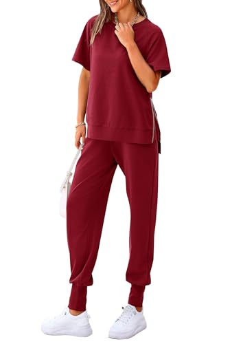 Image of PRETTYGARDEN Women's Summer 2 Piece Outfit Tracksuits Casual Short Sleeve Tops High Waisted Sweatpants Set