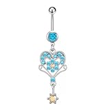 Niaspi Piercing para ombligo de corazón turquesa bohemio para mujer, diseño de corazón exagerado, candelabro, corazón de cristal, flores, piedra de nacimiento azul, barra para el vientre, joyería