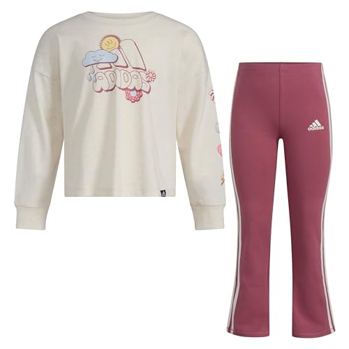 Recopilación de Conjuntos deportivos para Niña , listamos los 10 mejores. 40 adidas - Conjunto de 2 piezas de playera estampada de manga larga y pantalón acampanado, color avena, color rosa jaspeado, talla 3T, Avena Rosa Jaspeado, 3 Años