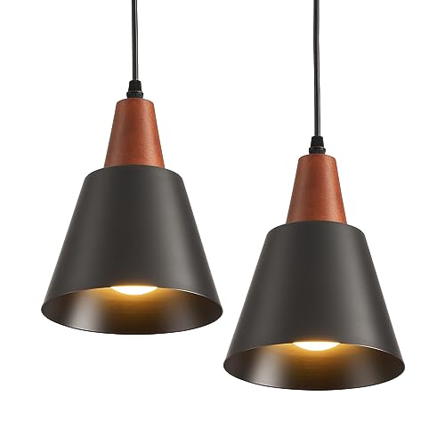Luces colgantes para isla de cocina industriales negras con cúpula de madera techo 2 pack