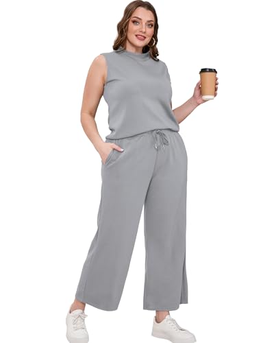 Image of SAMPEEL Two Piece Sets for Women Summer Outfits Lounge Sets Mock Neck Tops Wide Leg Crop Pants Vacation Travel Outfits