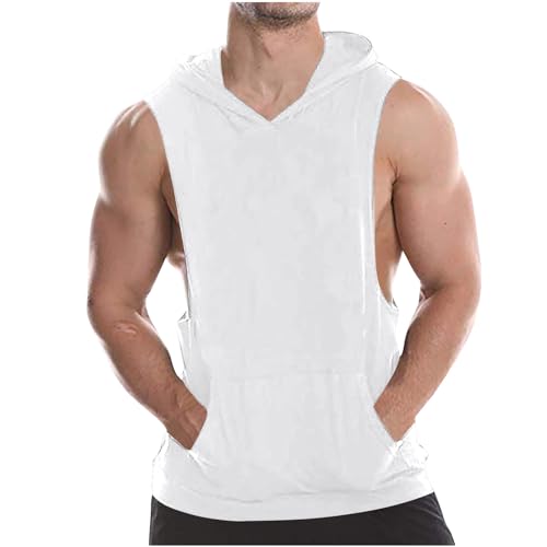 Mens Workout Hooded Tank Tops Gym Running Cut Off Muscle Tank Tops Bodybuilding Training Sleeveless Hoodies Shirts White