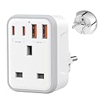 Uk to European Travel Plug Adapter PD 20W Fast Charge USB-C QC 3.0 Grounded EU European to UK Power Plug Adaptor Charger for Germany Spain Turkey France Greece Iceland Poland and More (Type E/F)