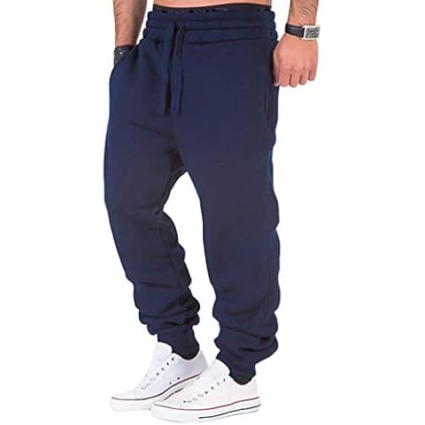 FUOE Man Sweatpants Drawstring Exercise Gym Exercise Casual Trousers Outdoor Jogging Pants (Navy Drawstring, XL) Cover