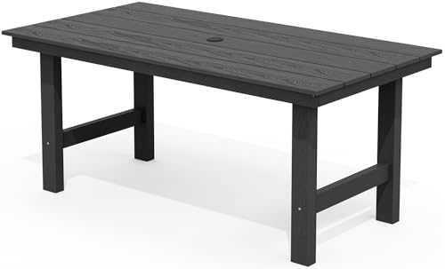 Image of SERWALL 6-Person Outdoor Dining Table - 67 inch Rectangle HDPE Patio Table with Center Umbrella Hole, Weatherproof, Black