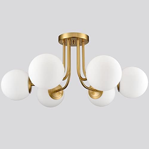 SHAWNKEY Modern Brushed Brass Gold 6-Light Ceiling Light with Globe White Glass Shade Semi Flush Mount Light Fixture for Dinning Room Foyer Hallway Sputnik Chandeliers