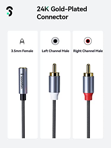 SOOMFON RCA to 3.5mm Audio Cable Red and White 2RCA to 3.5mm Jack Female Phono Leads High Durability Nylon Braided Gold-Plated Plug Stereo Audio Cable for Hi-Fi Speaker Car Home Theater - Image 2