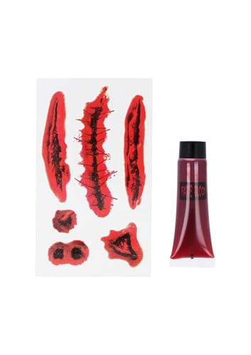Henbrandt Halloween Fake Blood Tube with Realistic Wound Temporary Tattoo Scars - 16ml Professional Makeup SFX Costume Accessory Kit